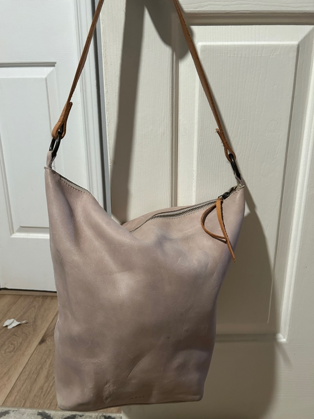 Soft Leather Shoulder Bag in Light Taupe with Tan Strap